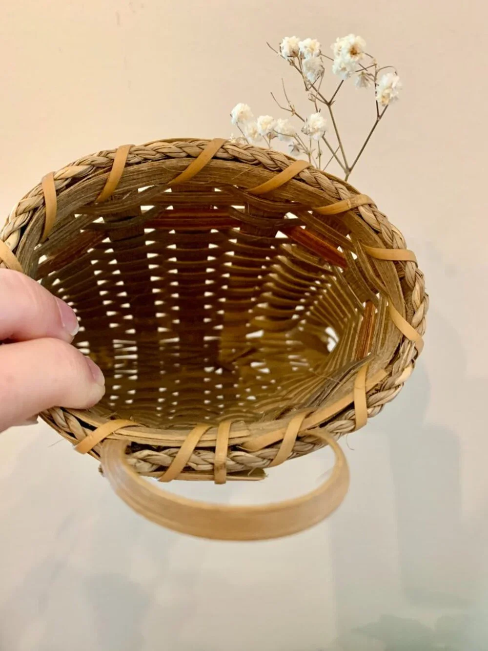 Artist Signed Basket Handwoven Wicker with Roping and Natural Dyes Hanging Art